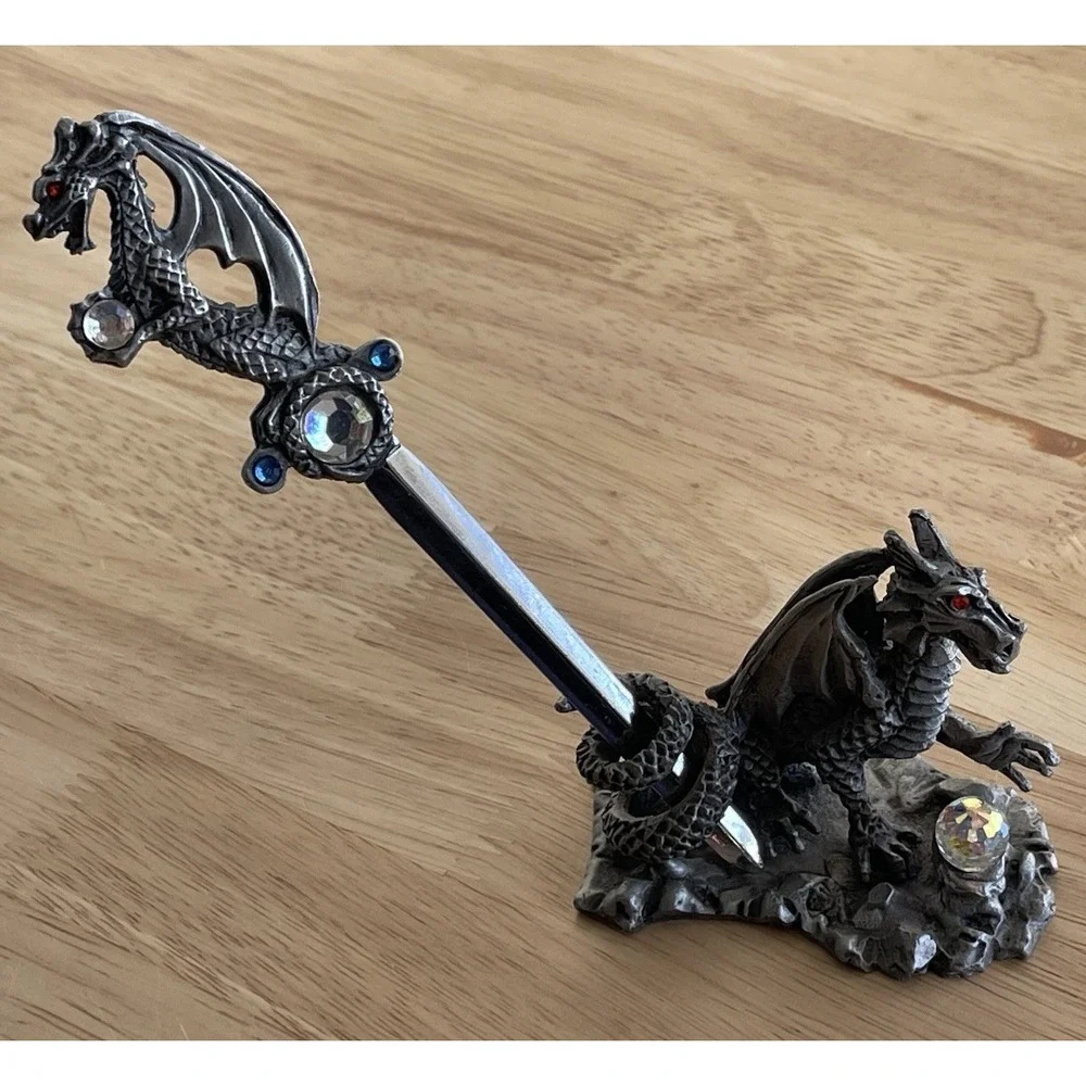 Sunglo 1990 Metal Dragon Letter Opener And‎ Holder With Rhinestones